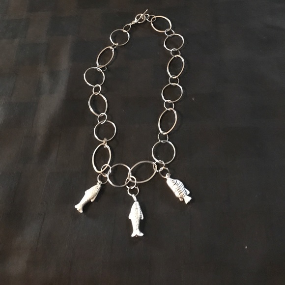 Silver Necklace 3 silver tone three fish charms - Picture 2 of 3
