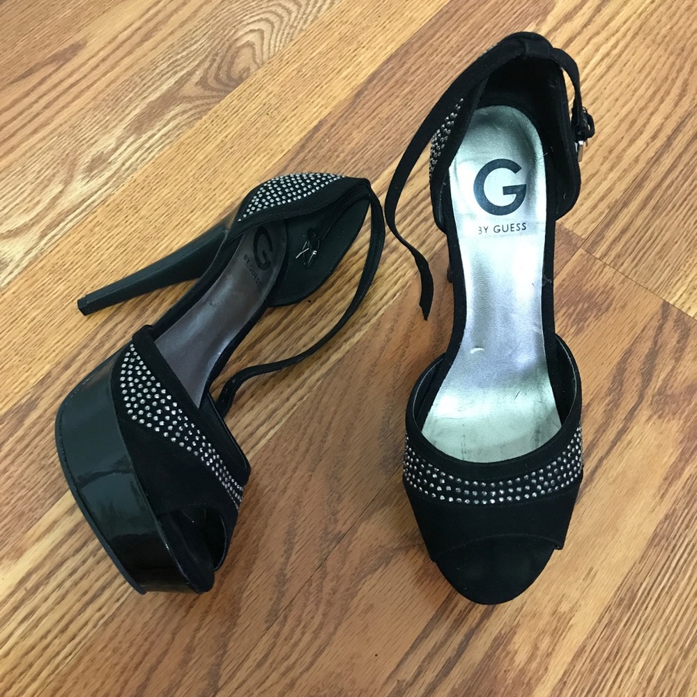Black rhinestoned heels w/ strap by Guess