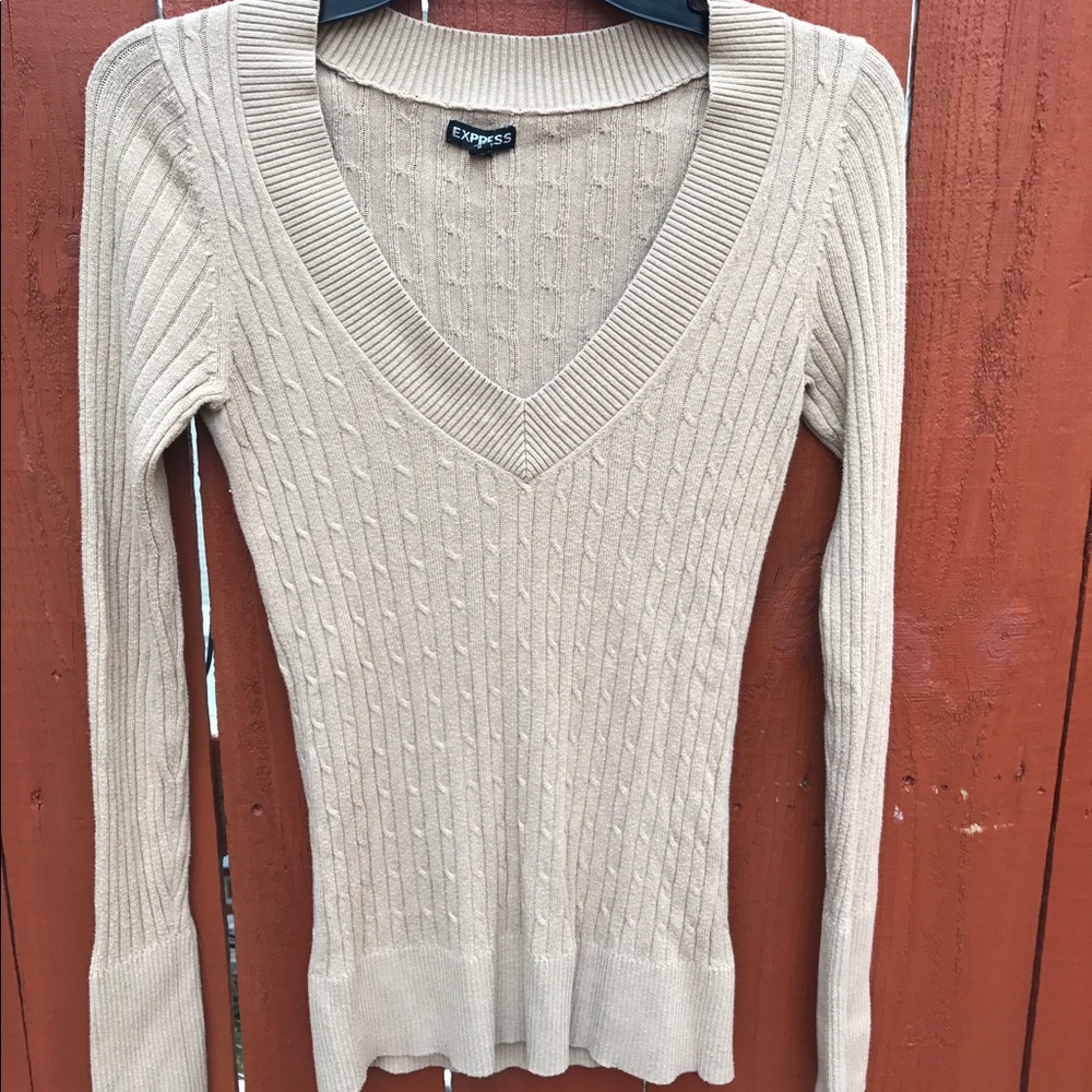 Express camel colored cable knit v-neck sweater