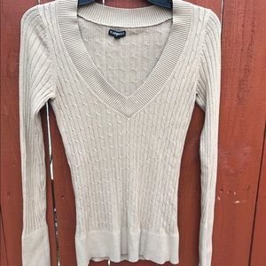 Express camel colored cable knit v-neck sweater