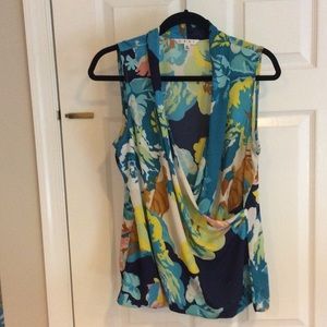 CAbi Aqua Multi Floral Sleeveless Draped Blouse
