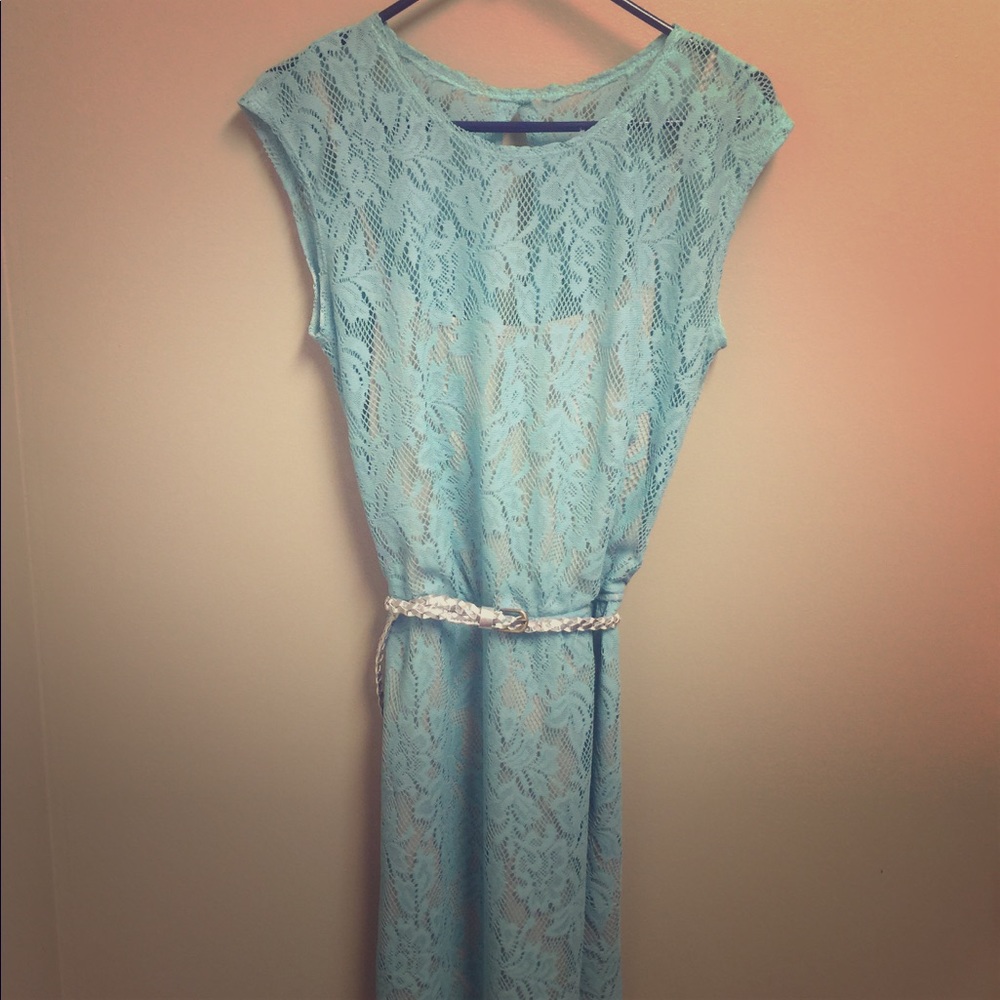 Women's Teal Knee-Length Lined Lace Dress