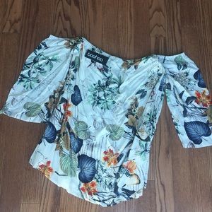 Boohoo Tropical off the shoulder dress