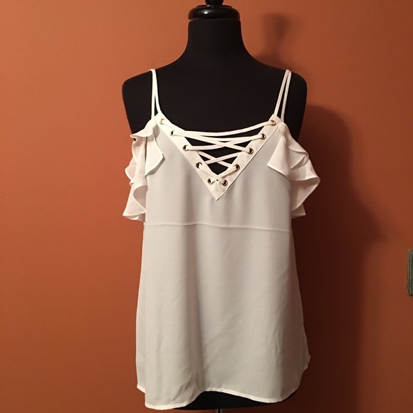 New Semi-Sheer Lace-Up Cold Shoulder Cami - Picture 5 of 6
