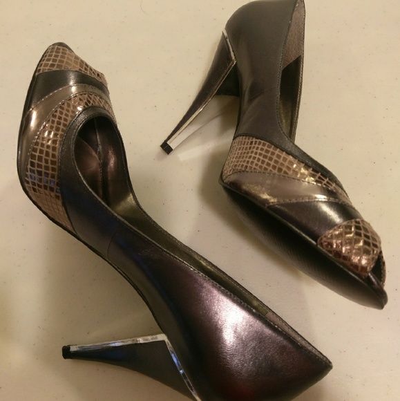 Next 7.5M pewter silver 4 inch open toe pump - Picture 2 of 4