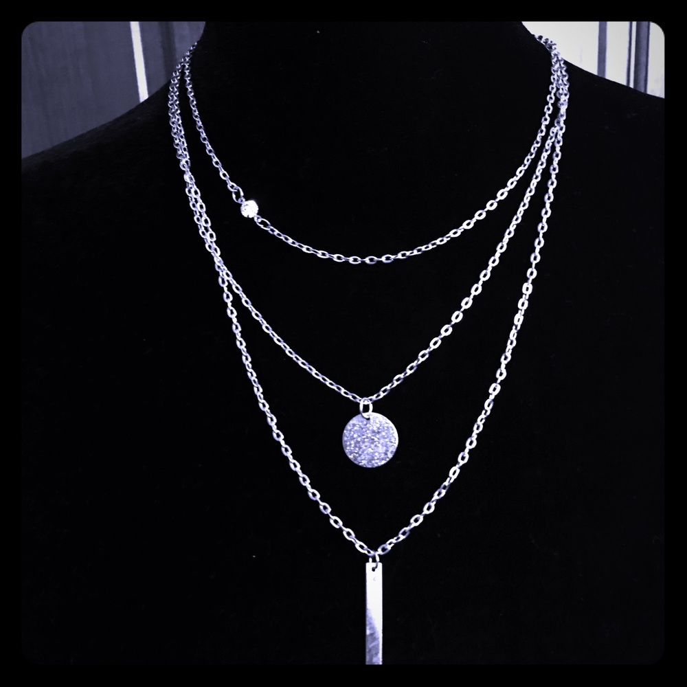 3 layer silver tone necklace