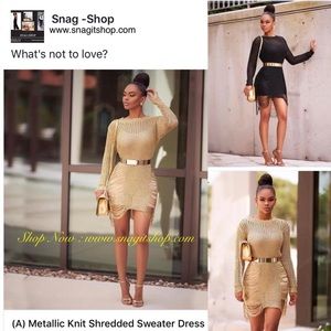 Metallic Knit Shredded Sweater Dress