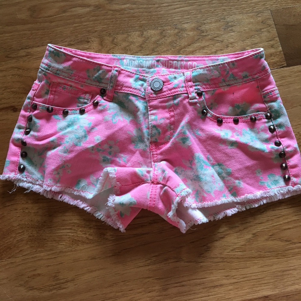 Pink neon floral denim shorts with studs size 1