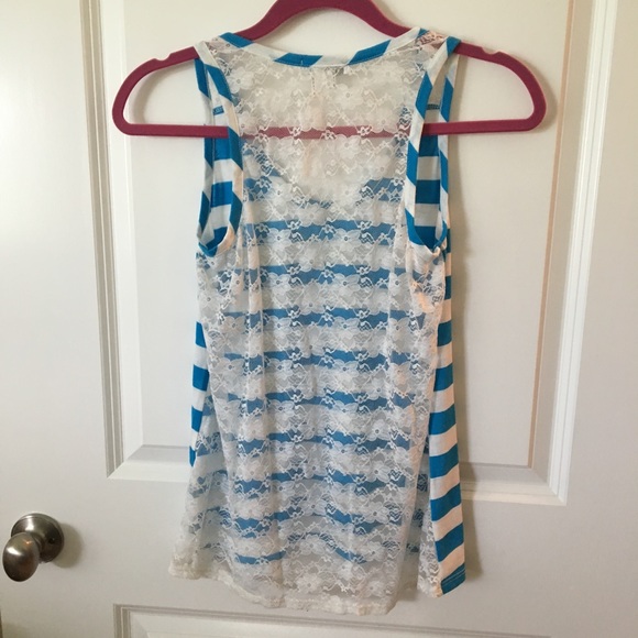 Blue and White Striped Lace Back Tank Top - Picture 2 of 2