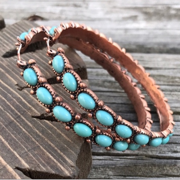 Jewelry - Copper & Turquoise Beaded Hoop Earrings