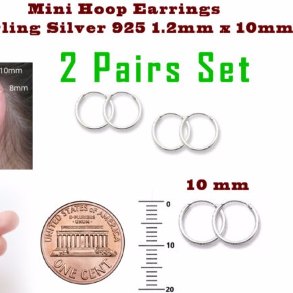 2 Pair Mini Hoop Earrings Sterling Silver 925 - Picture 2 of 4