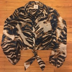 Long Sleeved Tie Front Zebra Print Crop Top