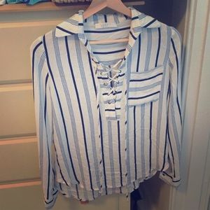 Blue and white striped blouse with lace up front