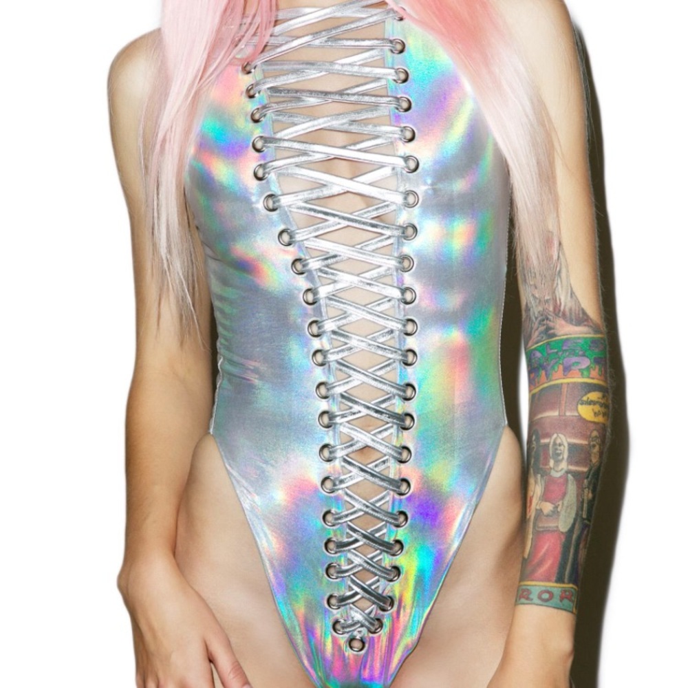 Brand new holographic lace-up bodysuit