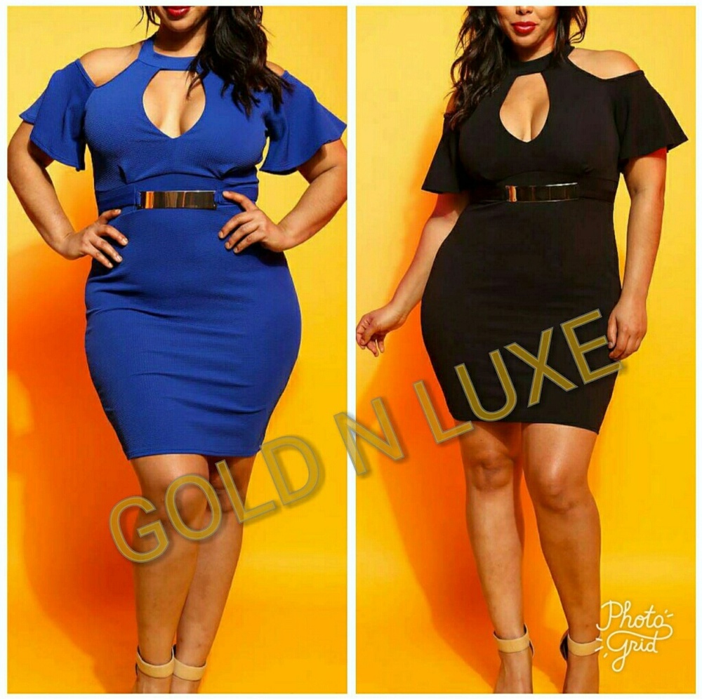 Plus size cold shoulder bodycon dress with belt