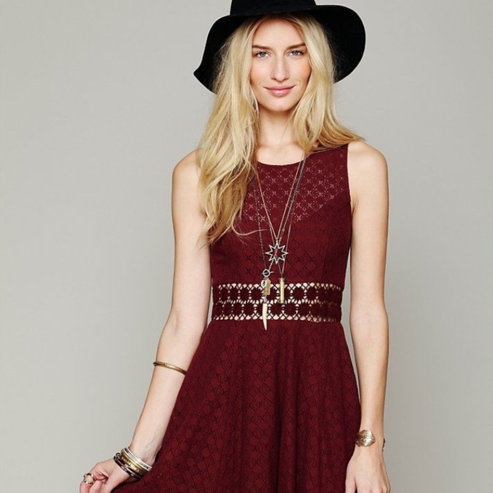 Free People Fitted with Daises Dress Maroon