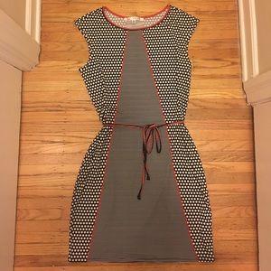 Orange, Navy Blue Polka Dot Short Sleeved Dress