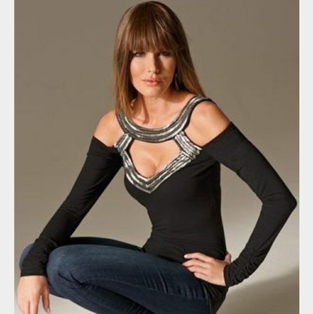 Sexy black cut-out top with gold beads