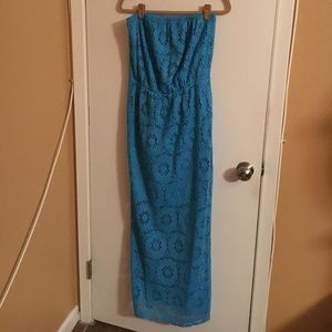 Strapless, lace aqua dress