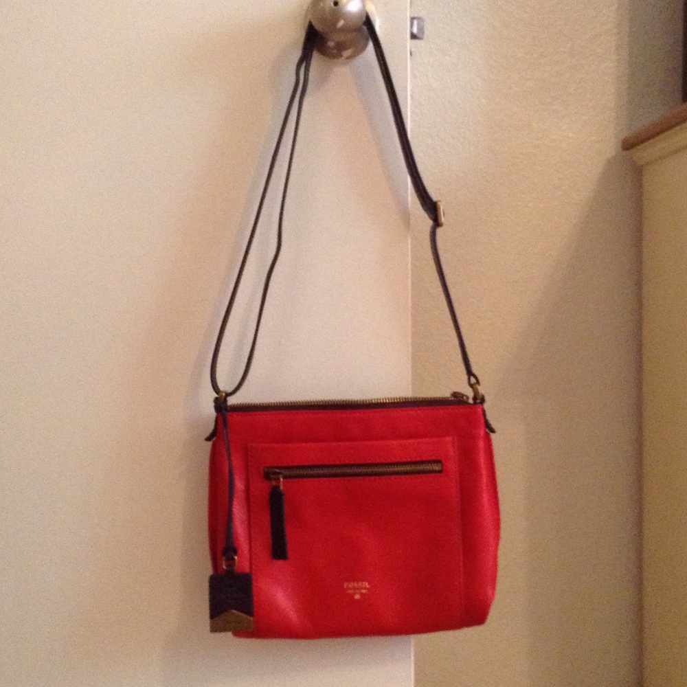 Red Leather Fossil Crossbody Bag / Purse