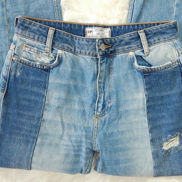 Free People Patchwork Distressed Straight Leg - Picture 3 of 7