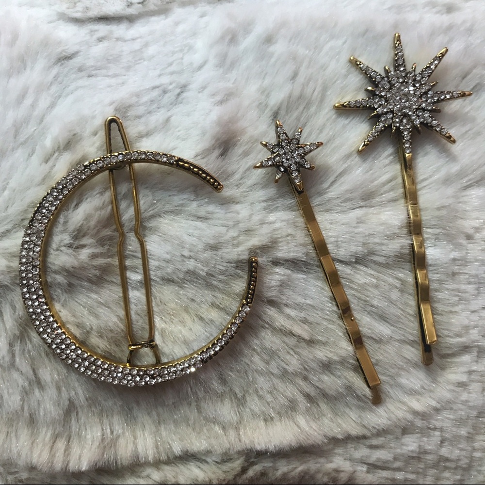 Moon and Star Crystal Rhinestone Gold Hair Pins