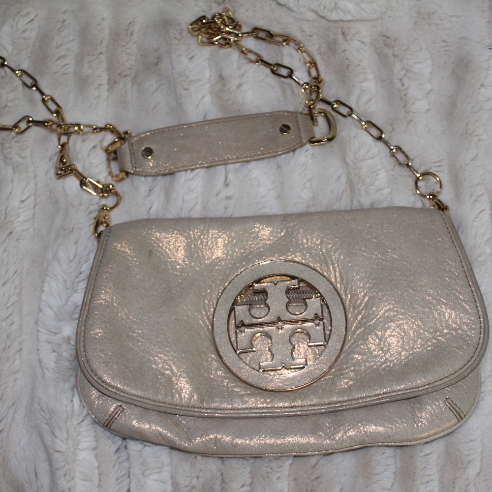 Tory Burch Gold Saffiano Logo Clutch