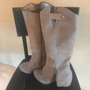 To the knee brown Fergalicious boot with heel