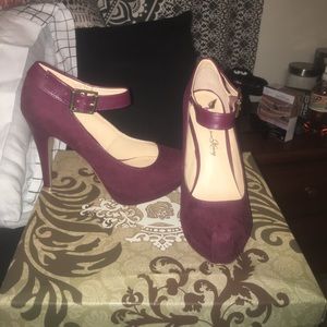 Wine Red Suede and Faux Leather Platform Heels