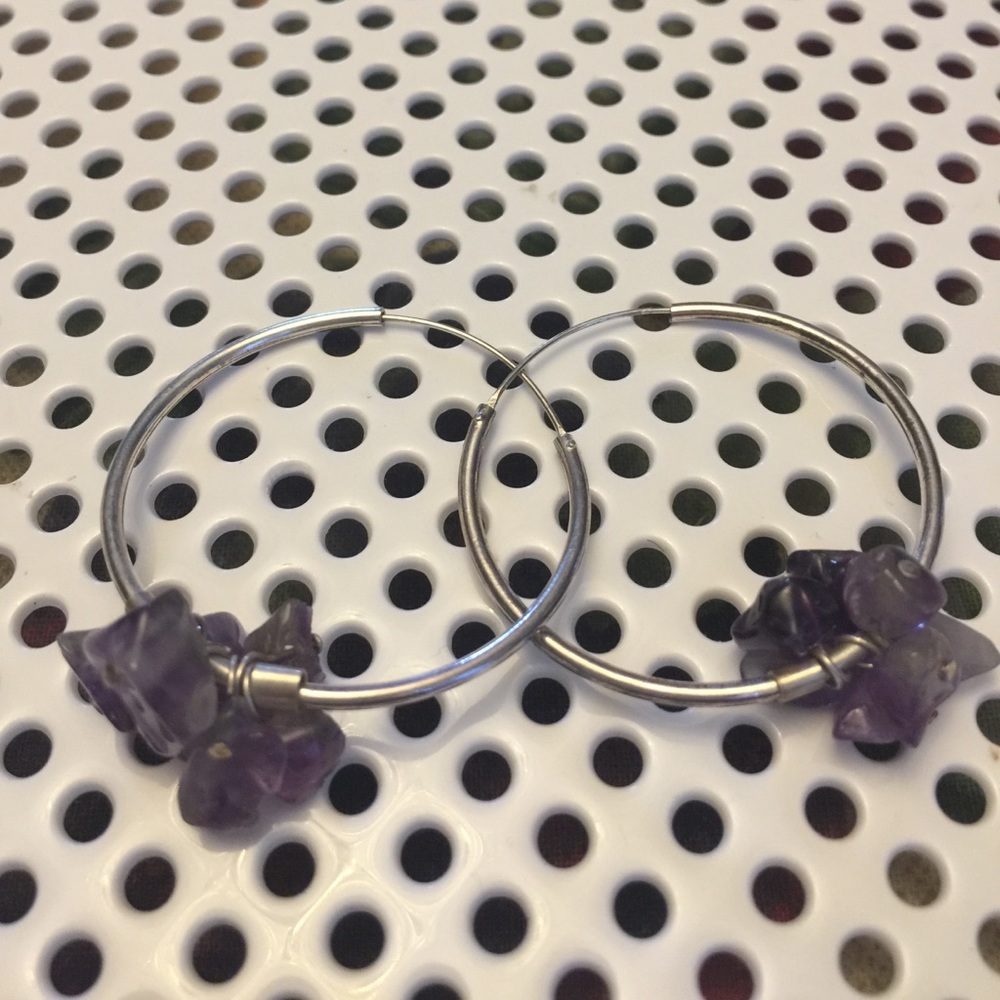 Hoop earrings with raw amethyst stones New