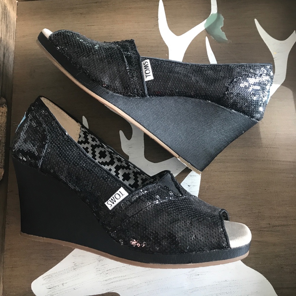 Toms Peep-Toe Sequin Wedges