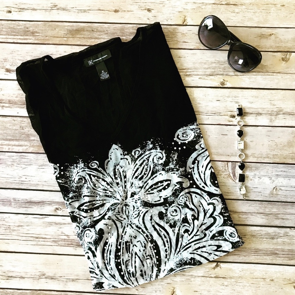 INC Black & White Sparkle Shell Top - Sz M (GUC)