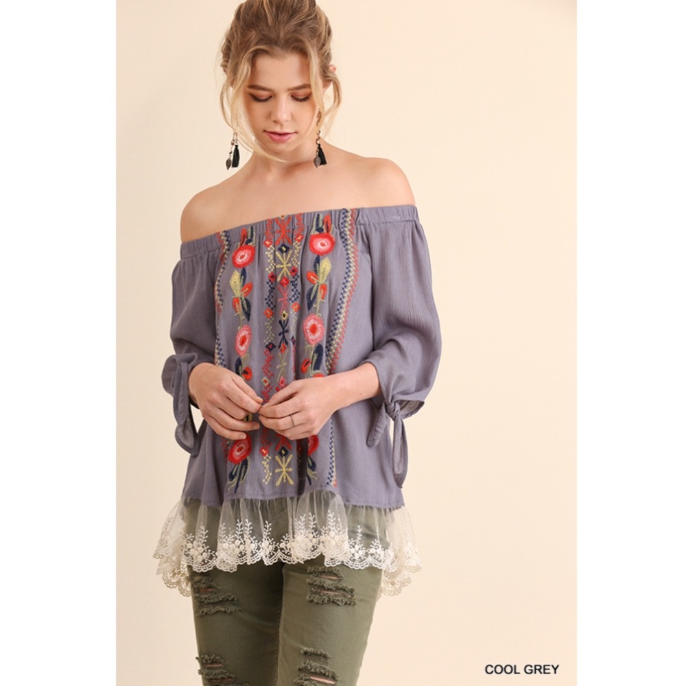 Embroidered off the shoulder top with lace hem - Picture 1 of 6
