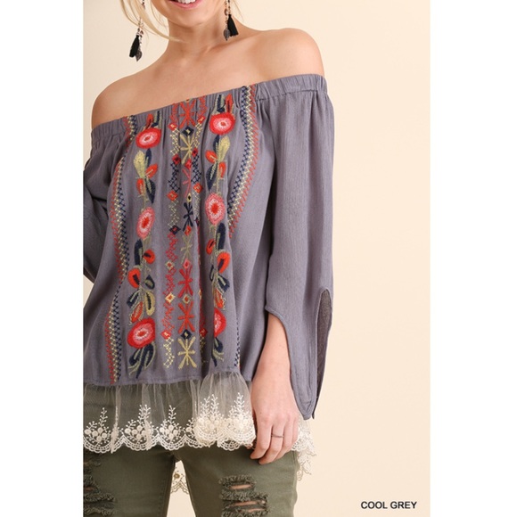 Embroidered off the shoulder top with lace hem - Picture 2 of 6