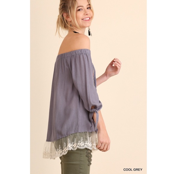Embroidered off the shoulder top with lace hem - Picture 3 of 6