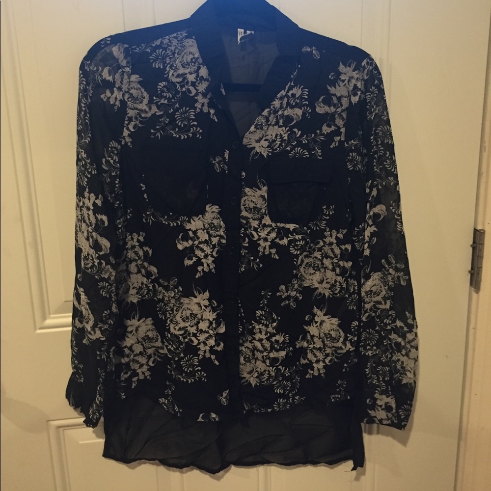 Super sheer floral print b/w button up blouse.