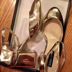 Design Lab Gold Patent Block Heel Pumps