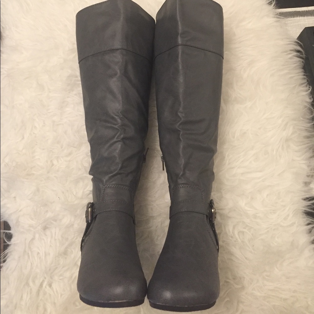 Grey Knee High Boots.