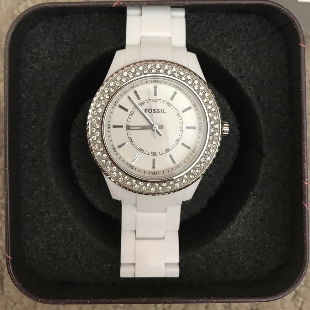 FOSSIL White Stainless Steel Watch w Stone Detail