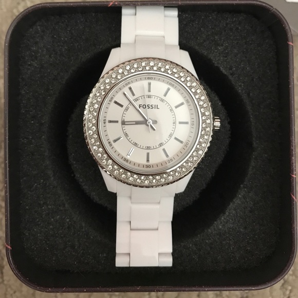 FOSSIL White Stainless Steel Watch w Stone Detail - Picture 1 of 4
