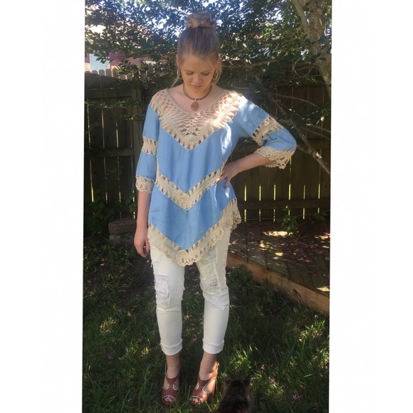 Chambray and crochet denim bohemian tunic - Picture 4 of 7