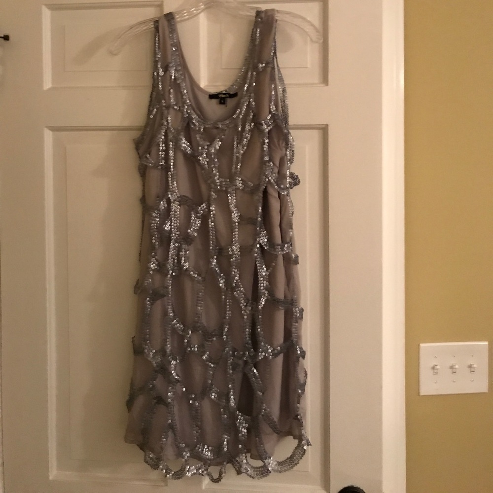 Gray dress with silver sequin overlay