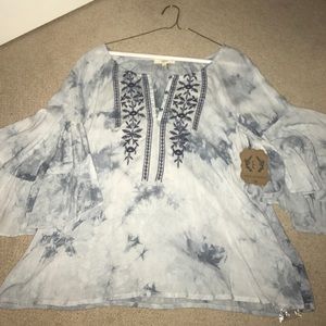 NEW- blue tie dye shirt with bell sleeves.