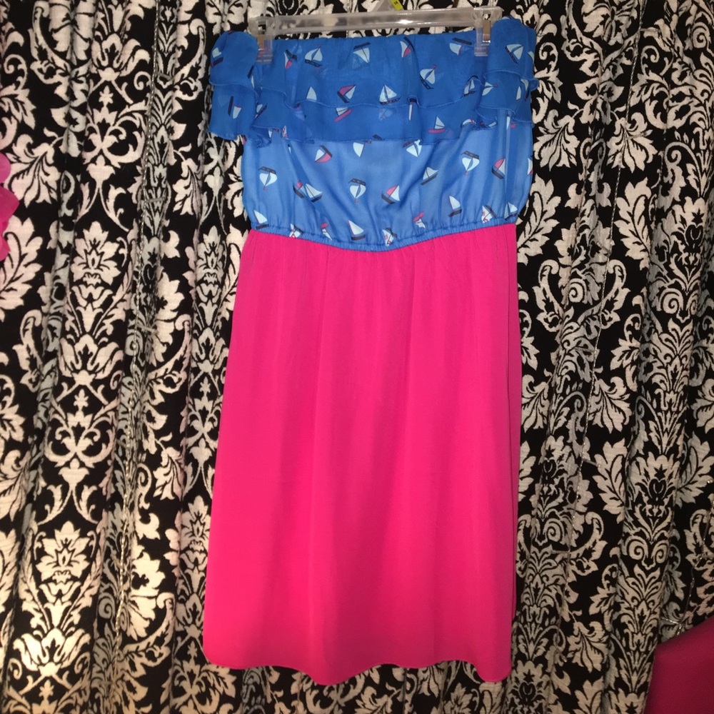 Strapless Pink and Blue Sailboat Mini Dress