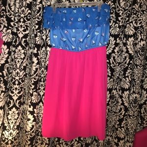 Strapless Pink and Blue Sailboat Mini Dress