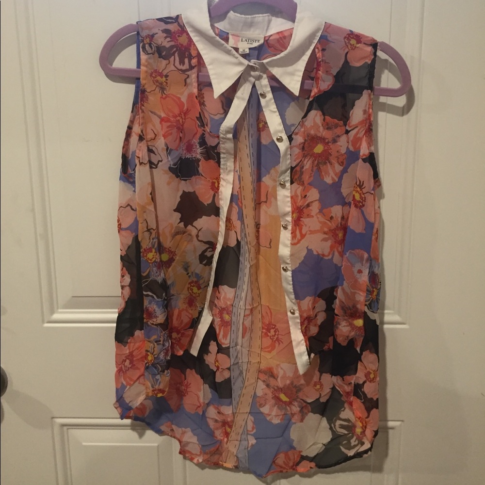 Gorgeous floral print sheer sleeveless button up.