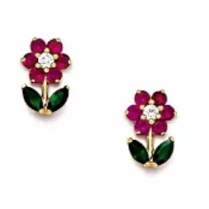 14K Pure Gold CZ Flower 🌺 Earrings / Screw Back
