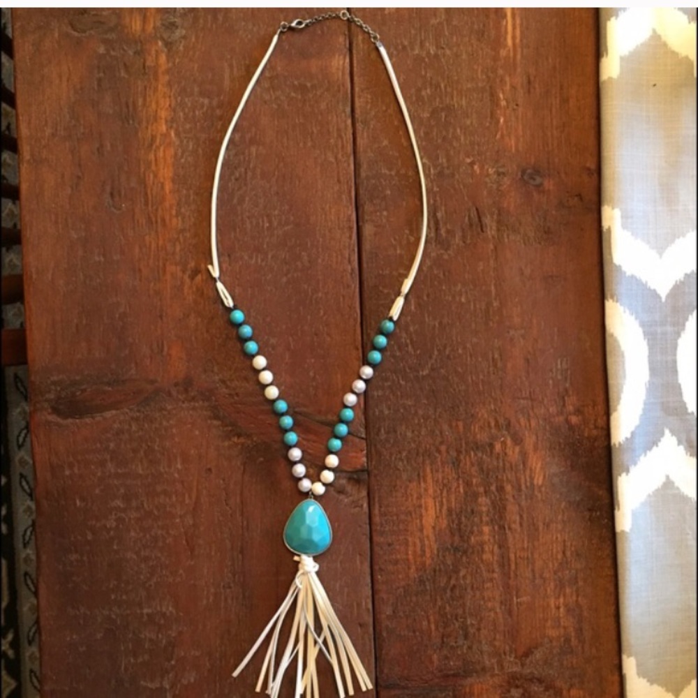 White and Turquoise Necklace with Tassel