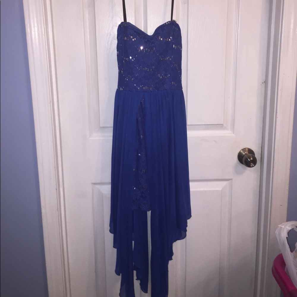 Strapless form fitting blue dress homecoming