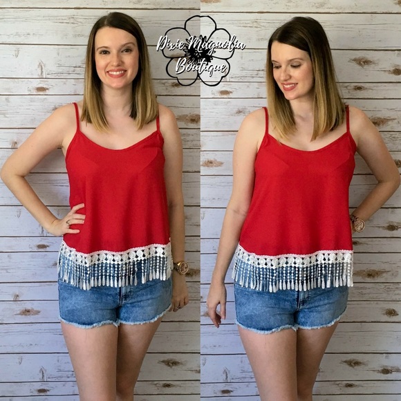 ❌SOLD OUT❌ Red and White Fringe Gameday Top - Picture 2 of 2